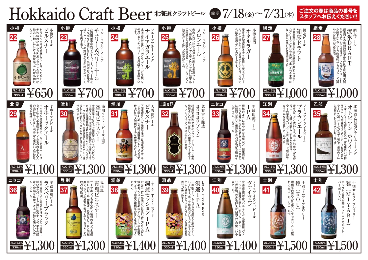 北海道クラフトビールメニュー